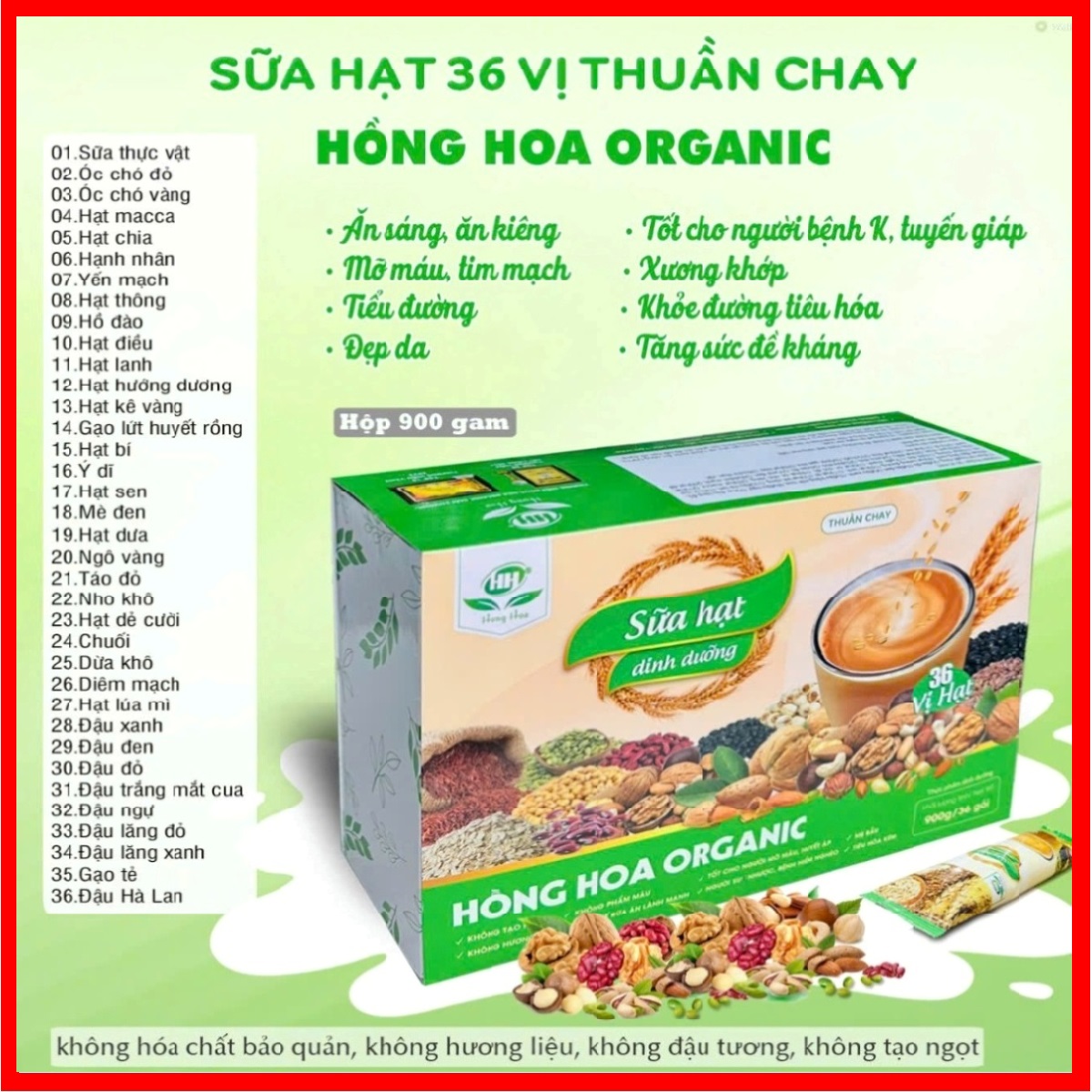 Sữa hạt dinh dưỡng 36 vị hạt Hồng Hoa Organic 36gói/ 900g - Thuần Chay, Không Đường, Không đậu nành,