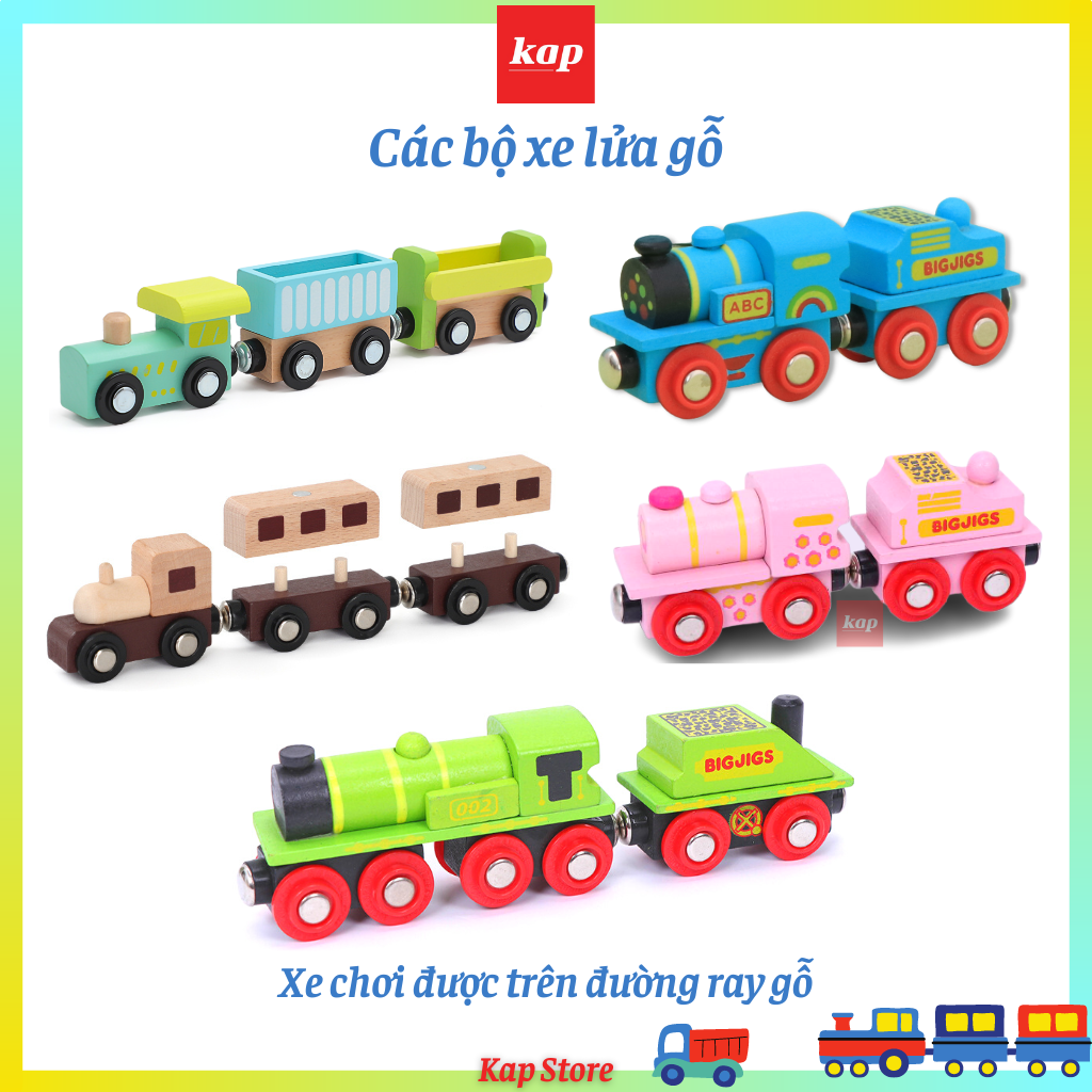 Bộ 3 toa xe lửa gỗ, tàu hỏa gỗ, xe chơi được trên đường ray gỗ
