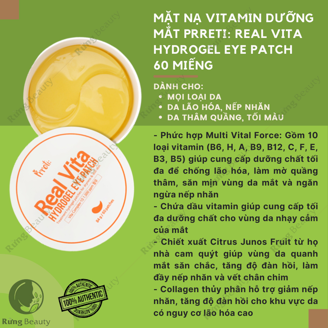 Mặt nạ mắt prreti: real vita hydrogel eye patch 60 miếng