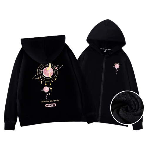 Áo khoác hoodie dây kéo có nón họa tiết tinh cầu tình yêu