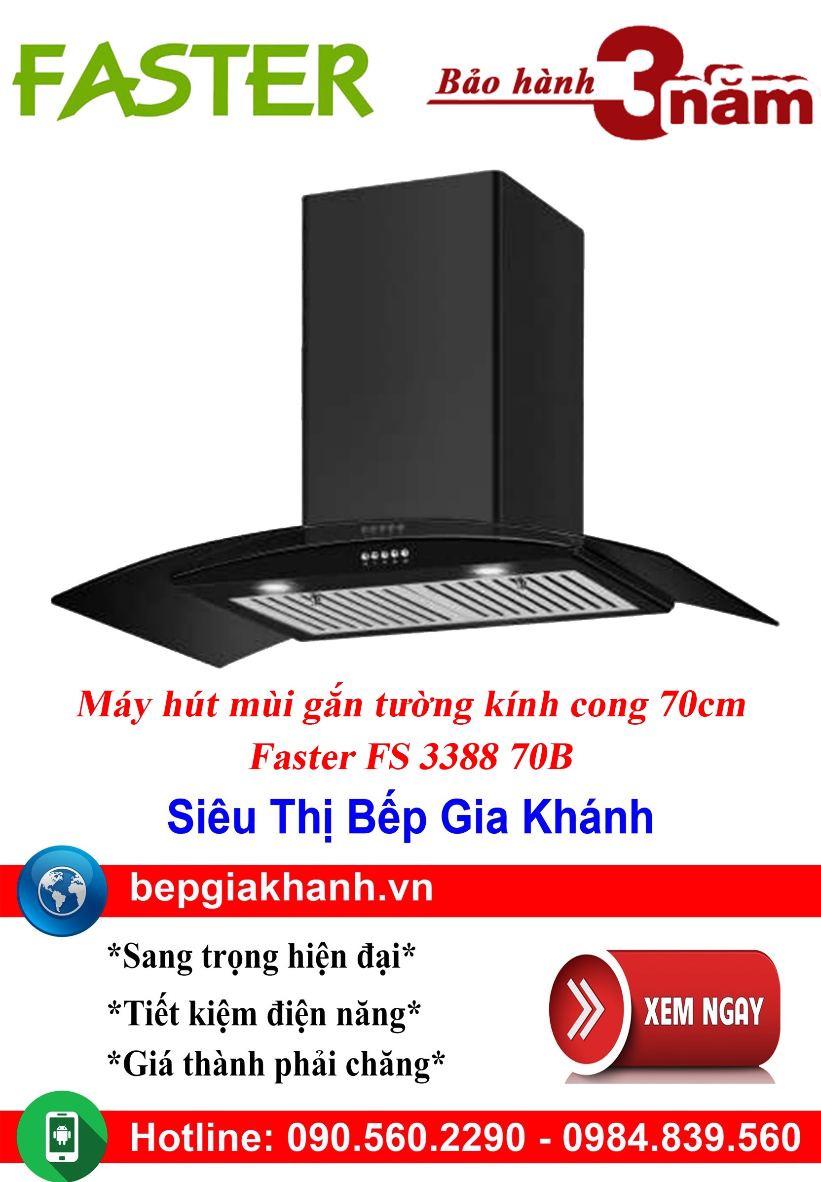 [HCM]Máy hút mùi dạng kính cong 70cm Faster FS 3388-70B, máy hút mùi nhà bếp, máy hút mùi bếp, máy h