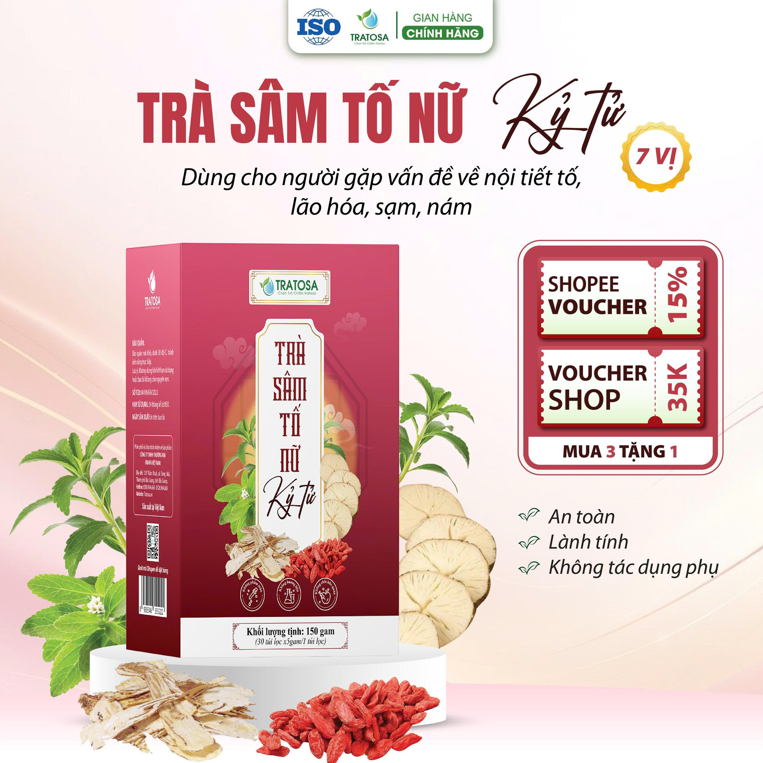  Trà Sâm Tố Nữ Kỷ Tử TRATOSA 7 vị thảo dược giúp giảm Nám cân bằng nội tiết tố khỏe từ bên trong 1 Hộp 30 Túi lọc 