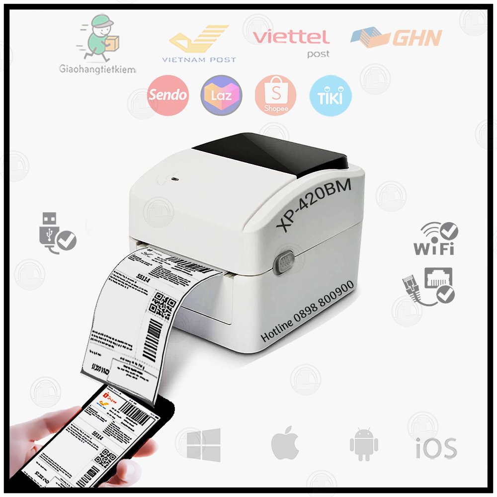 Máy in Xprinter XP-420BM in đơn hàng tem nhãn vận chuyển bằng điện thoại I.OS Adroid máy tính M.ac Windown qua Wifi LAN