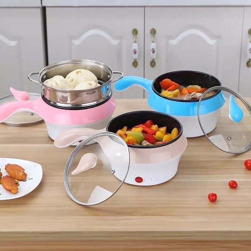 Nồi lẩu điện mini chống dính đa năng 2 nấc nhiệt ca mì đa năng nồi điện mini có giá hấp/xửng hấp có tay cầm cách nhiệt