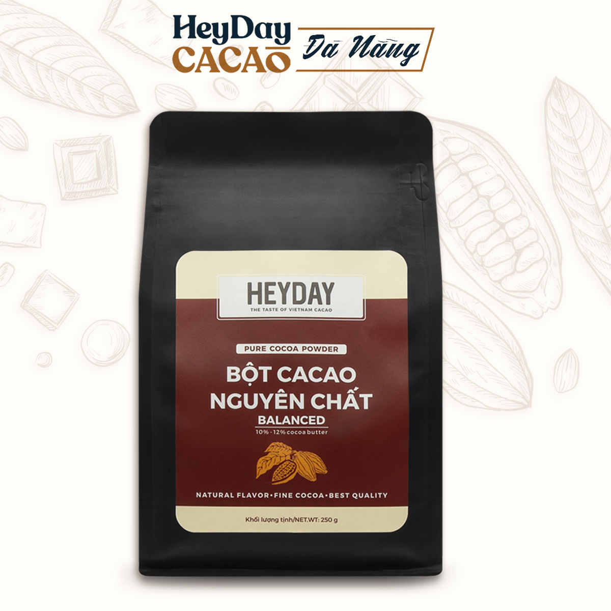 Bột Cacao Nguyên Chất 100% Việt Nam túi 250g - Dòng Balanced phổ thông - Chuẩn UTZ Quốc Tế - Heyday Cacao