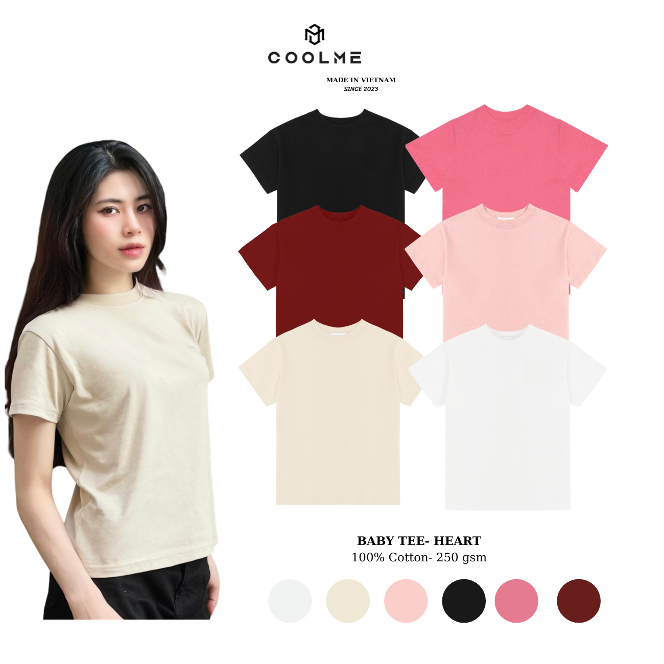 Áo baby tee trơn Coolme, áo thun babytee basic 100% cotton 250gsm local brand hồng be trắng đen
