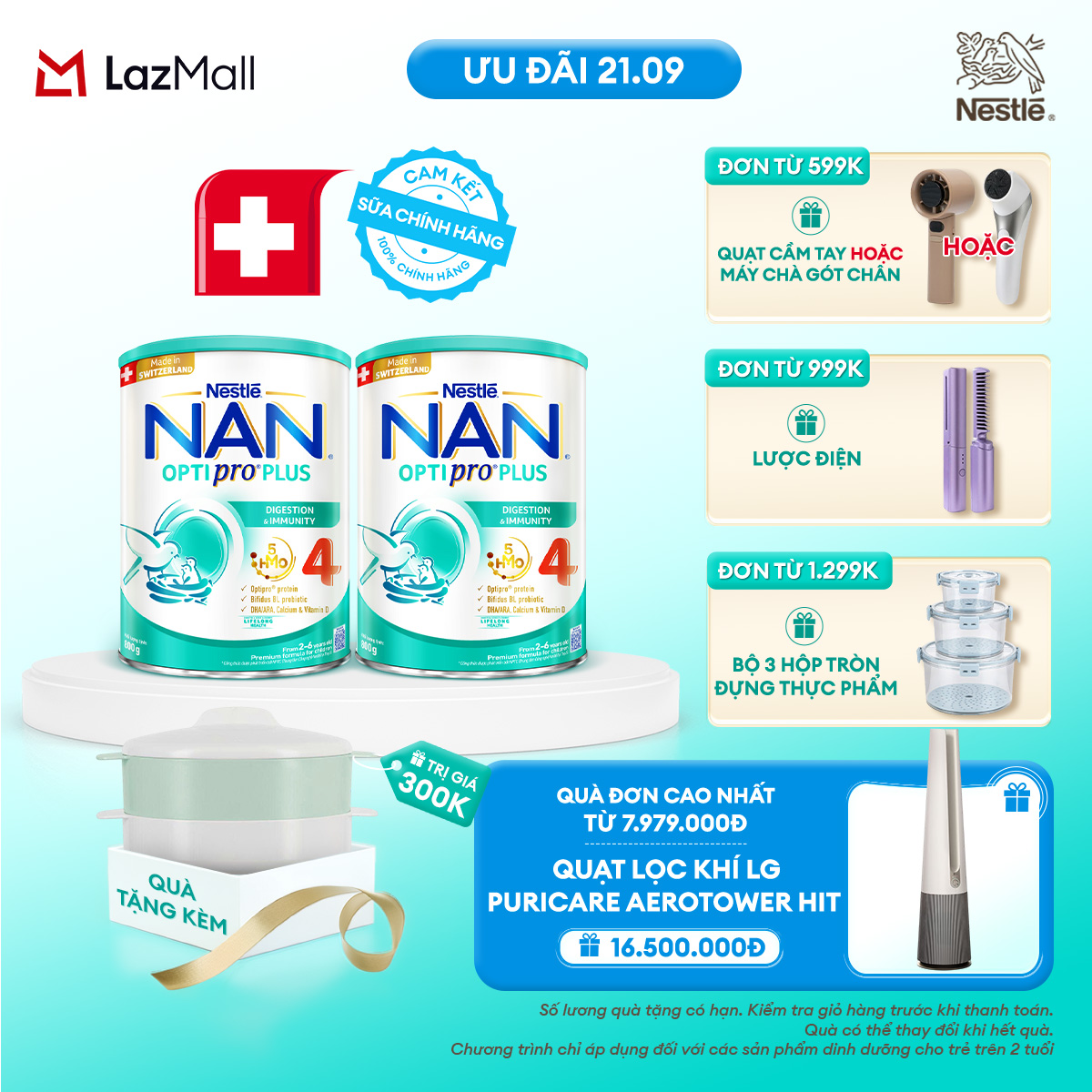 [Tặng Xửng hấp] Bộ 2 Lon Sữa bột Nestlé NAN OPTIPRO PLUS 4 với 5HMO xuất xứ Thụy Sĩ  - Hộp 800g cho bé từ 2-6 tuổi - Sữa công thức dinh dưỡng cho trẻ giúp hỗ trợ tiêu hóa, đề kháng, trí não và phát triển toàn diện