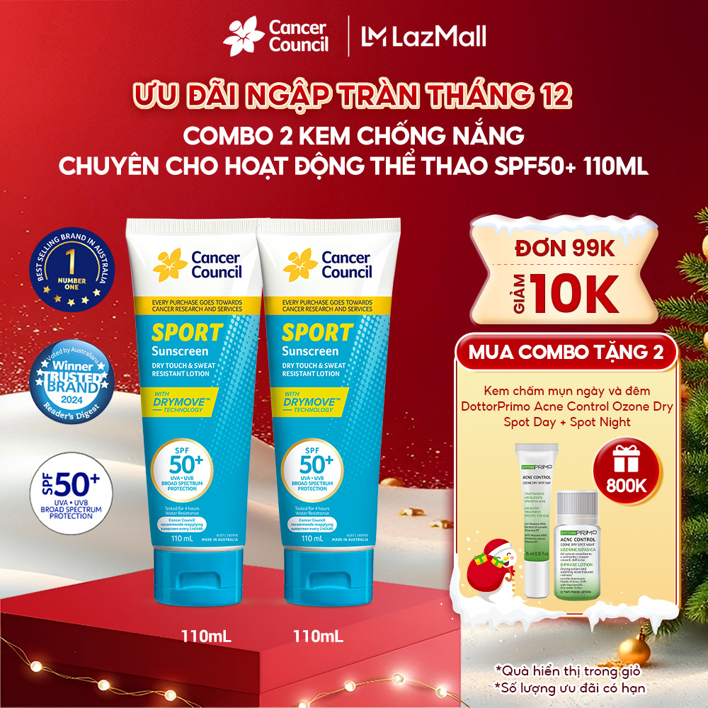  Combo 2 kem chống nắng dùng khi chơi thể thao Cancer Council Sport Sunscreen Dry Touch & Sweat Resistant Lotion SPF50+ 110mL hỗ trợ dưỡng ẩm kháng nước 4 tiếng giúp bảo vệ da khỏi tác hại từ tia UVA UVB và ánh nắng mặt trời 