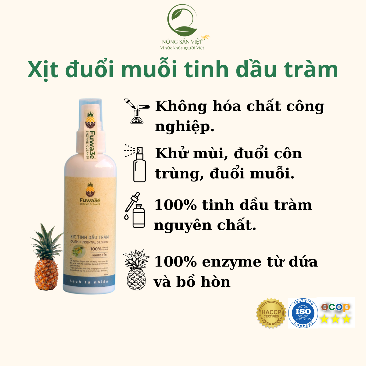 Xịt tinh dầu tràm nguyên chất không chứa fuwa3e đuổi muỗi côn trùng khử khuẩn khử trùng chai 100ml