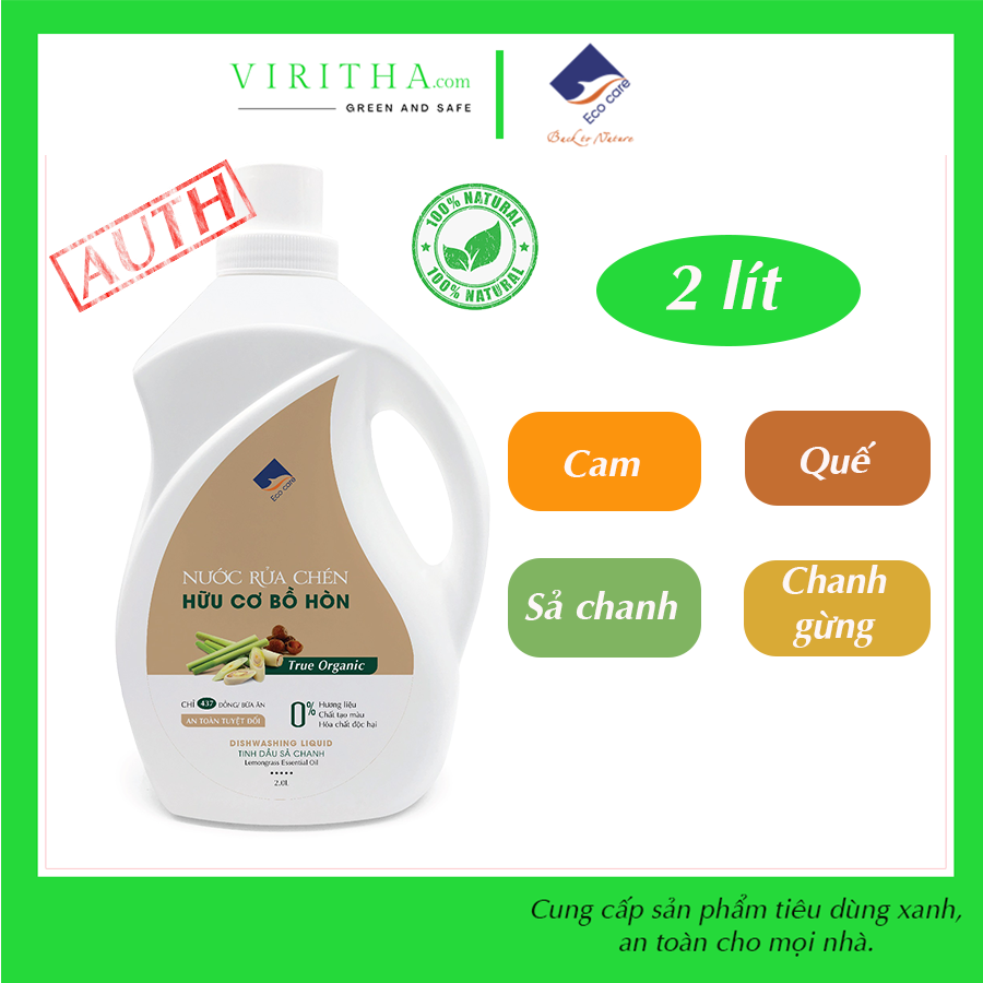 [HỎA TỐC HCM] Nước rửa chén hữu cơ Bồ hòn Ecocare 4 mùi (chanh gừng/sả chanh/quế/cam) chai 2L tiết kiệm