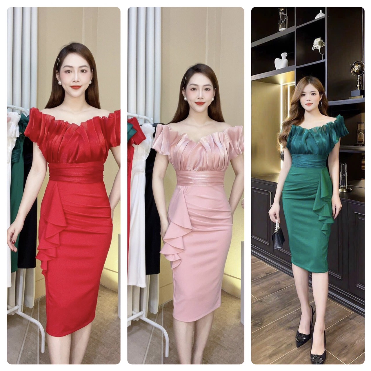 Đầm thiết kế body trễ vay phối tơ gân cực sang