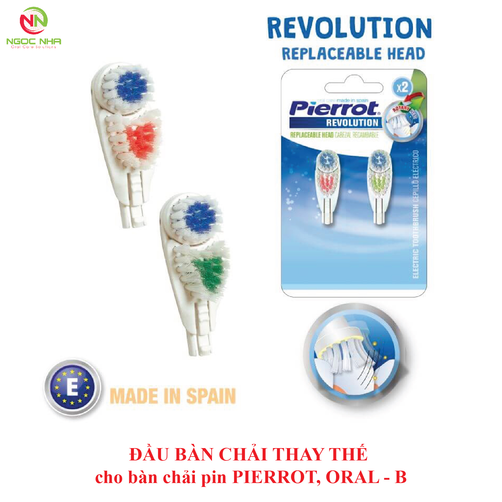 Đầu bàn chải thay thế cho bàn chải pin Pierrot, vỉ 2 cái