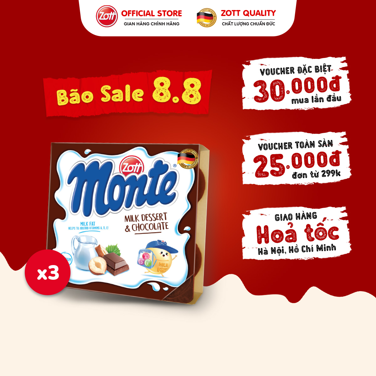 Giao hoả tốc - combo 3 vỉ váng sữa zott monte vị socola nhập khẩu từ sữa tươi, không chất bảo quản