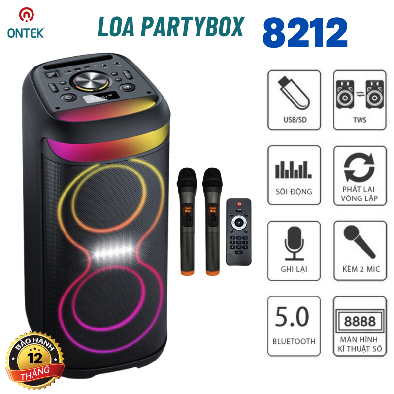Loa party box Karaoke 2 bass 15 đứng 8212 Ontekco kèm 2 micro , đèn led đẳng cấp