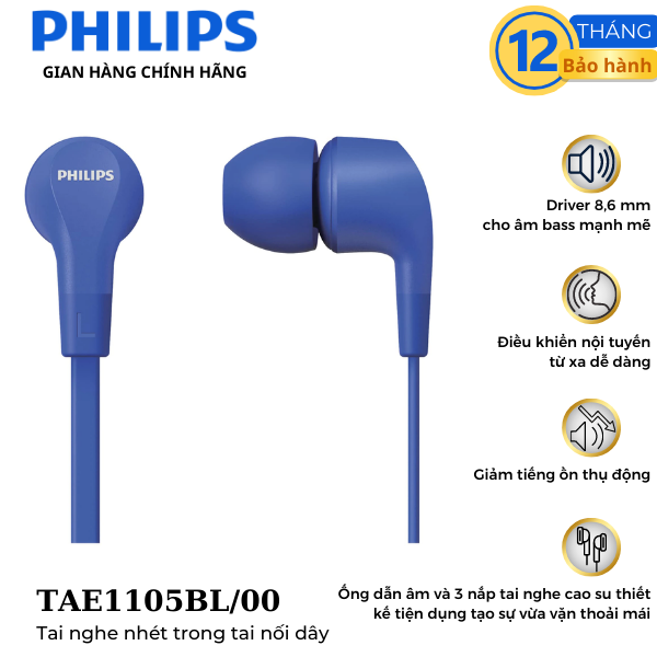 Tai nghe nhét tai philips tae1105bl/00 màu xanh- chính hãng phân phối