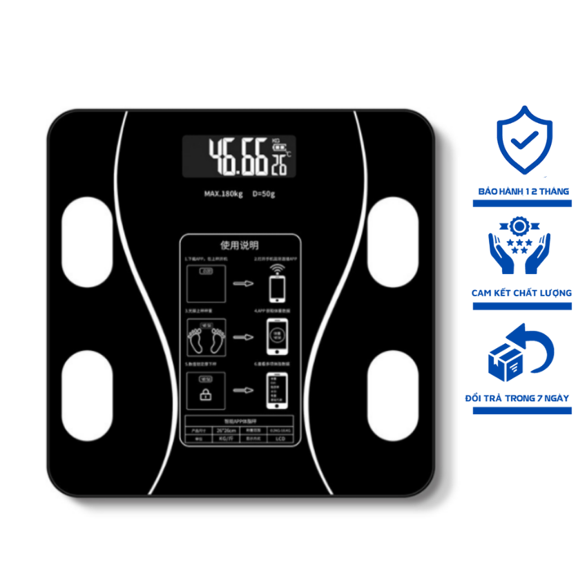 Cân Điện Tử Sức Khỏe Gia Đình Kết Nối Bluetooth Thông Minh Phân Tích Lượng Mỡ, Cân Nặng, Chỉ Số BIM, Khối Lượng Cơ, Khối Lượng Xương,Khối Lượng Calo Và Nước, Màn Hình Led Cường Lực, Tải Trọng 180Kg