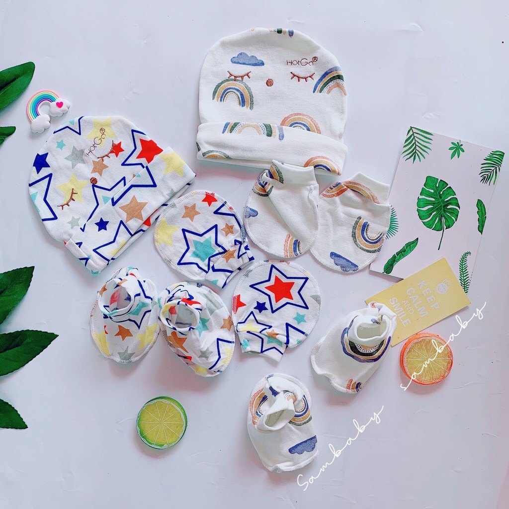 Bộ nón che thóp và bao tay bao chân thêu hotga cho bé sơ sinh, - beekids plaza