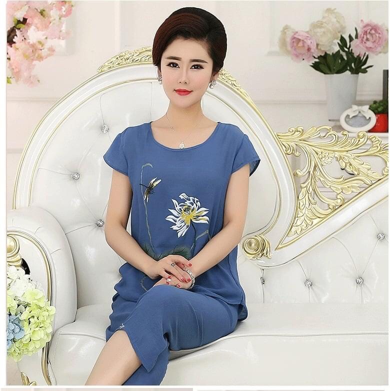 Bộ đũi mặc nhà qúy phái, bộ đũi trung niên hoa sen tay hến hàng quảng châu