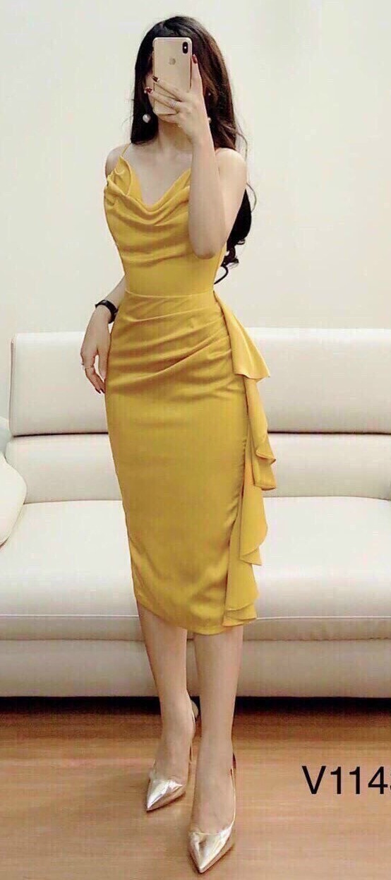 [HCM]Đầm xếp ly cổ đổ cao cấp thời trang dạ hội dự tiệc