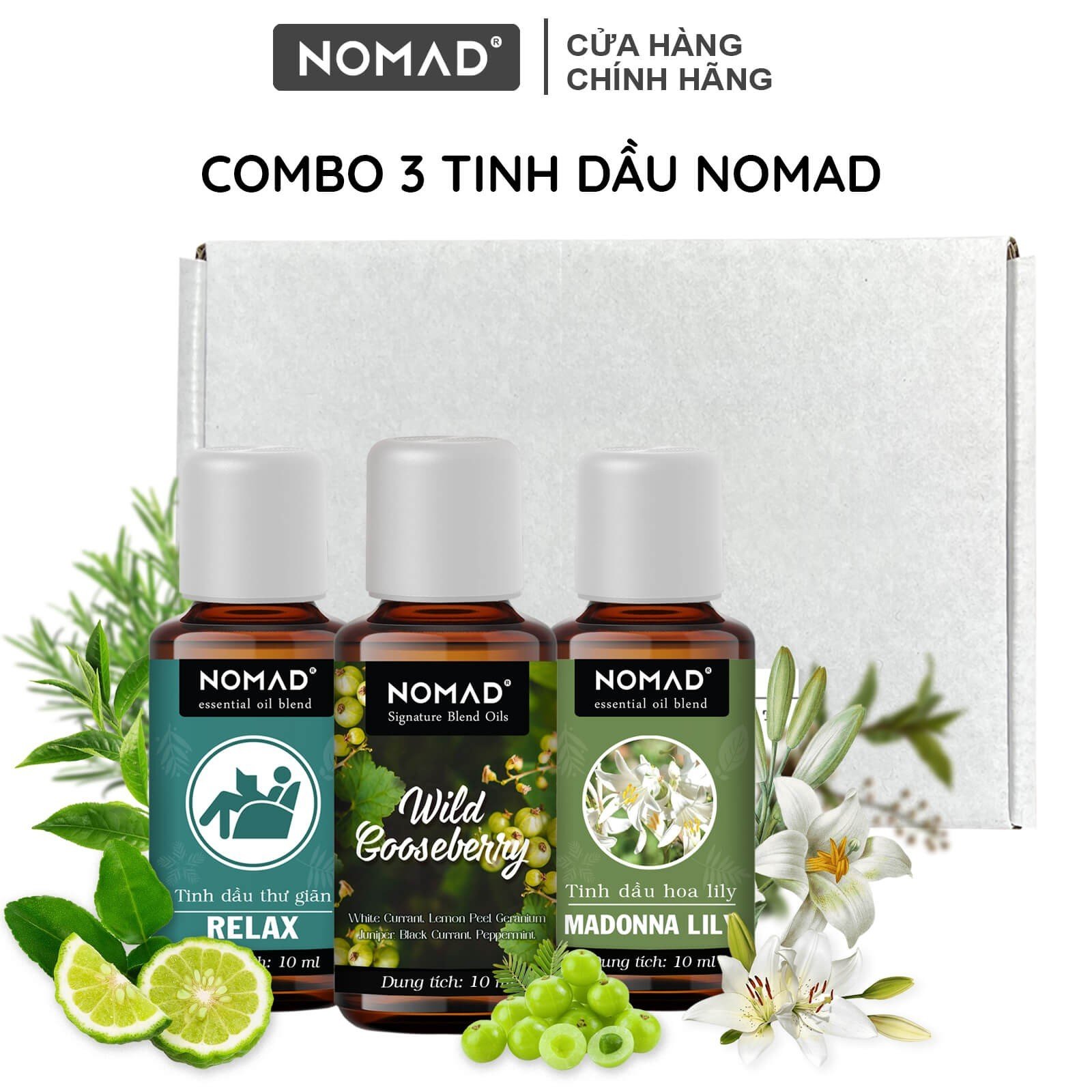 Combo 3 tinh dầu nomad: relax 10ml + wild gooseberry 10ml + madonna lily 10ml