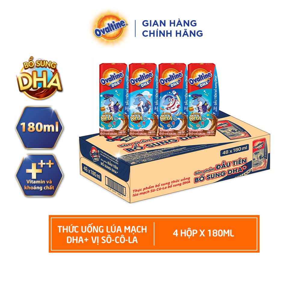 Thùng 48 hộp Thức uống lúa mạch hương vị sô-cô-la Ovaltine DHA+ (180ml x 48) - HSD: Tháng 8/2024