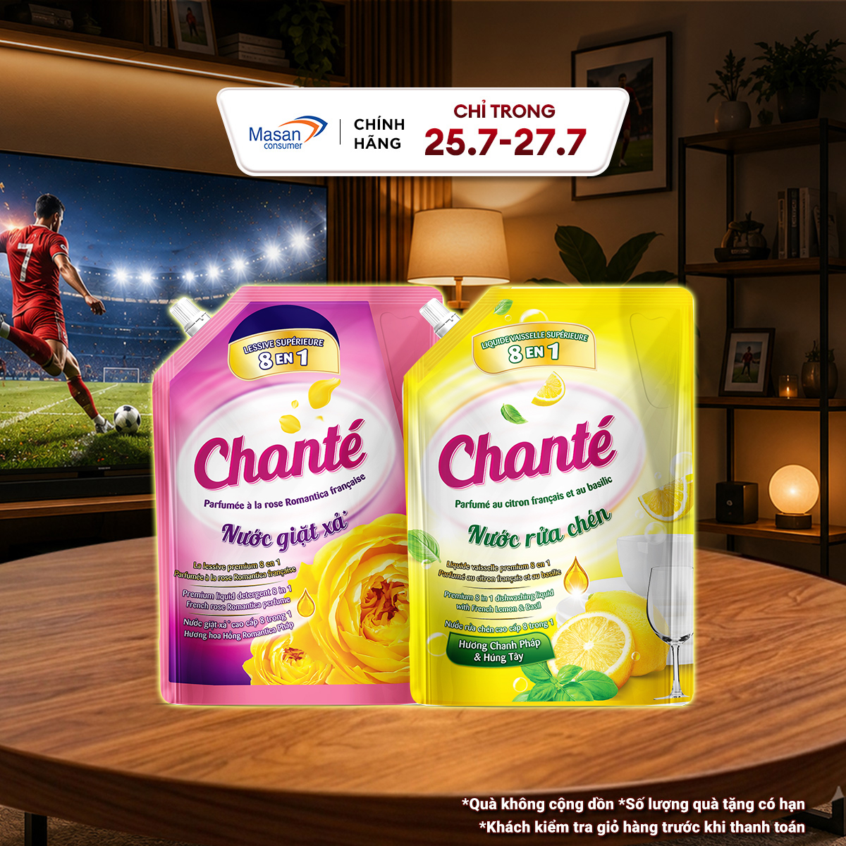 Combo 1 Túi Nước giặt xả Chanté Cao Cấp 8 Trong 1 3.05kg và 1 Túi Nước rửa chén Chanté 3.2kg