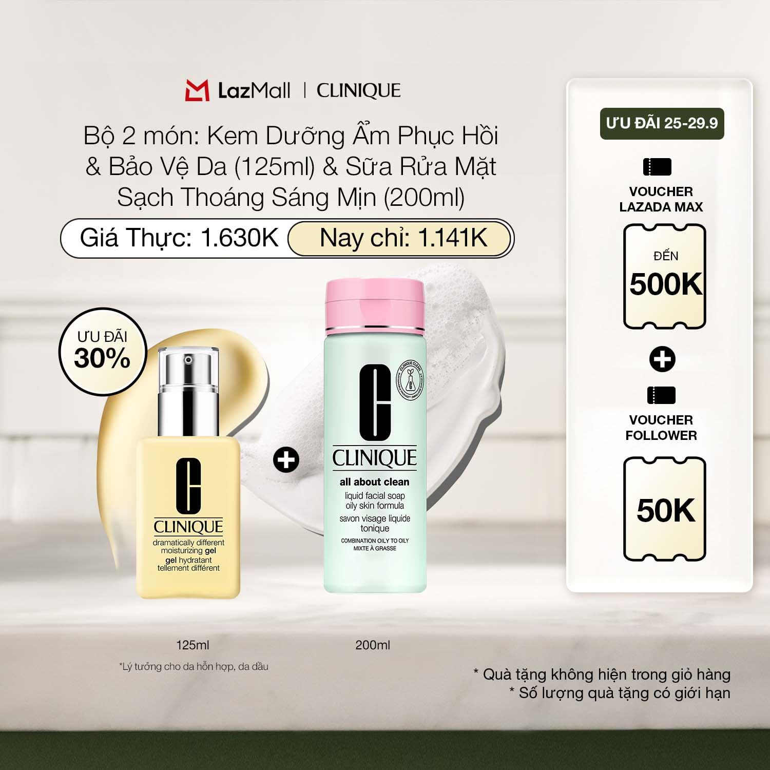 Bộ 2 món: Kem dưỡng ẩm cân bằng Clinique Dramatically Different Moisturizing 125ml (Gel - Jelly - Lotion), Sữa rửa mặt sạch thoáng sáng mịn Clinique Liquid Facial Soap - Cleanser 200ml