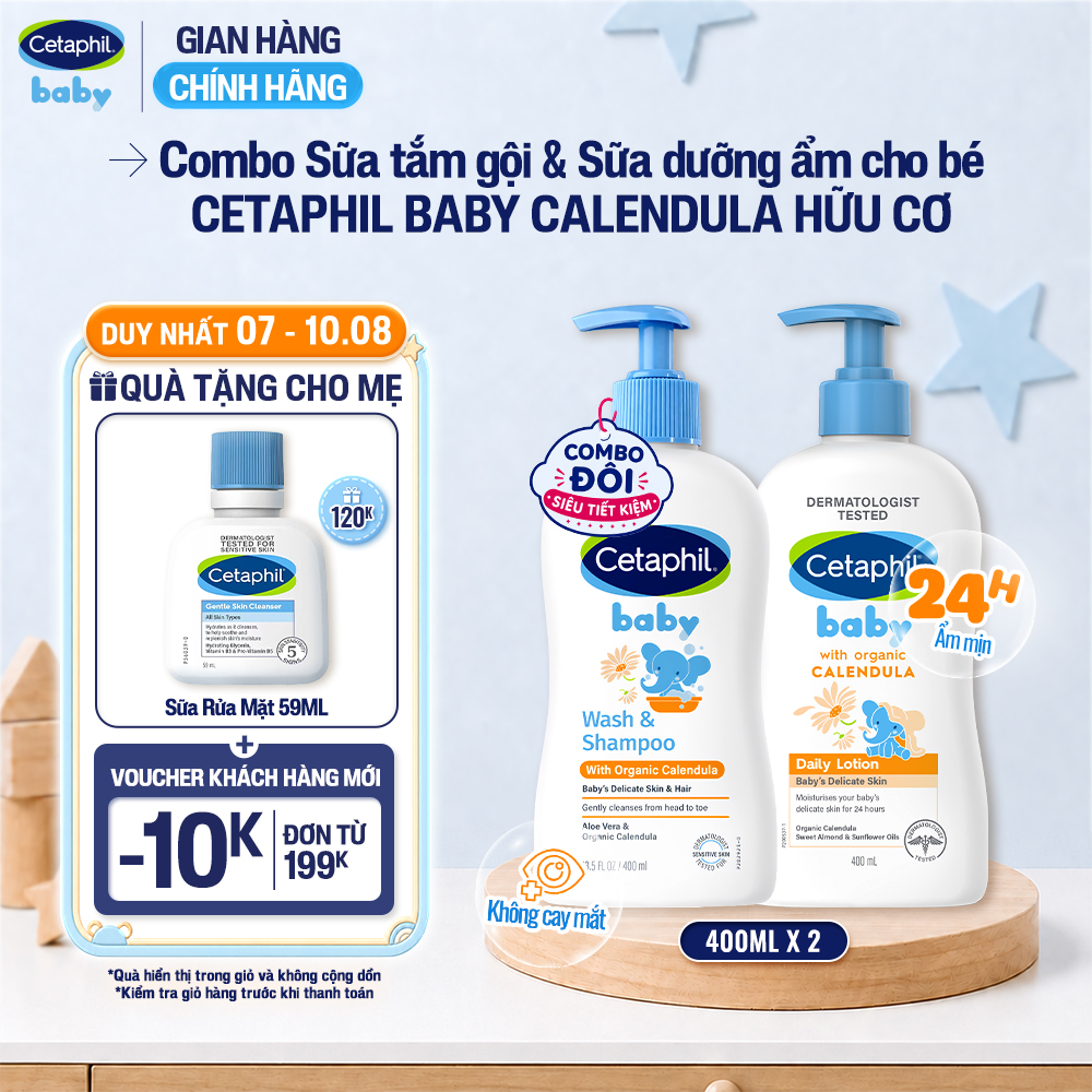 Combo Sữa tắm gội Cetaphil Baby WS with Organic Calendula 400ml + Sữa dưỡng thể Cetaphil Baby with Organic Calendula 400ml