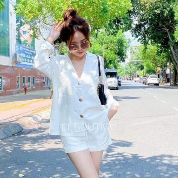 Áo giả vest vải đũi + quần short đùi dạo phố xinh xắn, set đùi vest 3 nút - cheap4