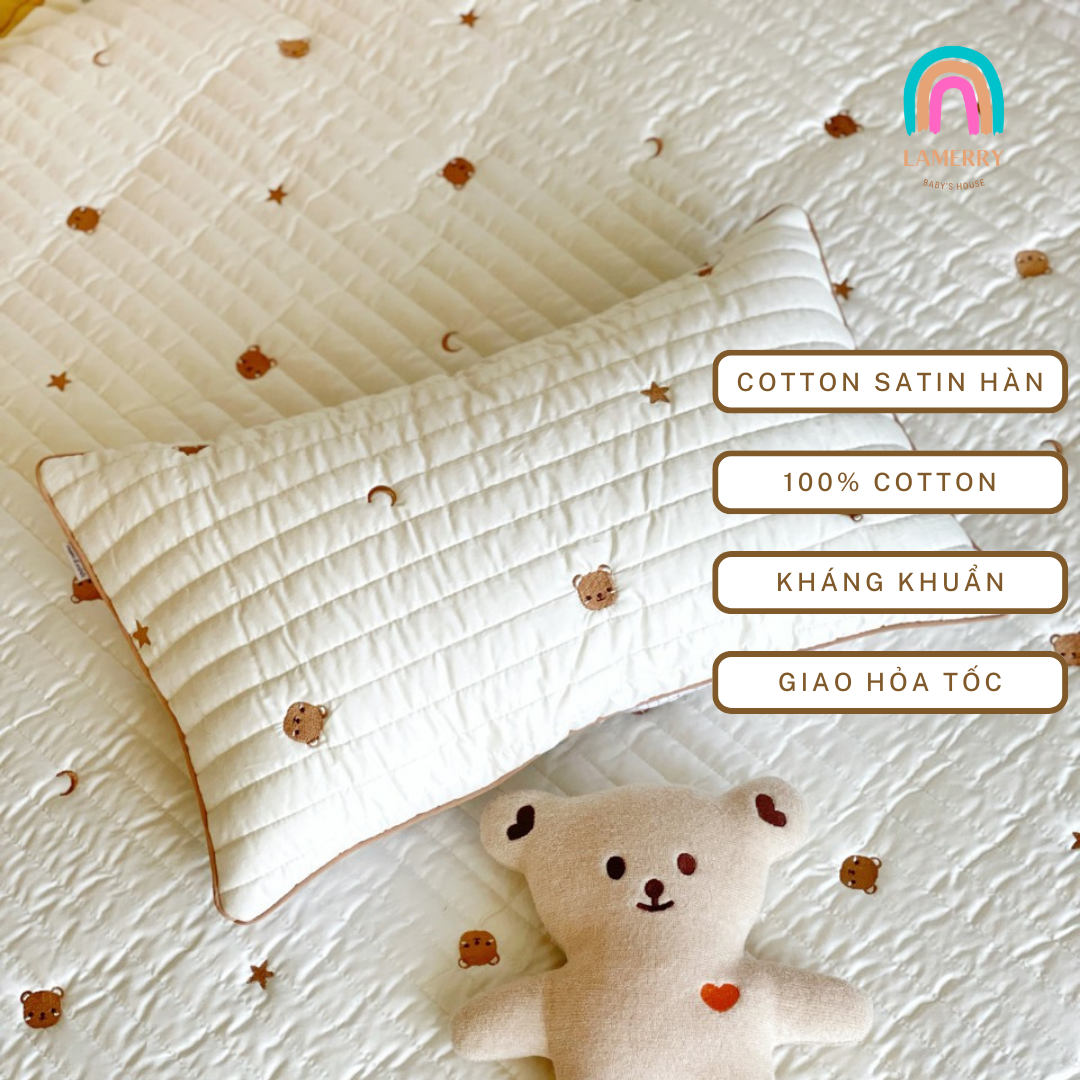 Gối ngủ cho bé, gối chữ nhật cho bé, gối cho bé đi học, gối nằm cho bé phong cách Hàn Quốc vải Cotton Satin Hàn Quốc kháng khuẩn kèm ruột tùy ý căng chỉnh độ phồng 30*50cm