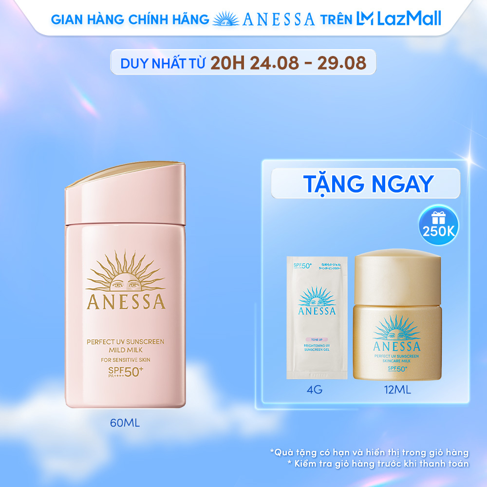 [20h 24.8 - 29.8 | QUÀ 250K] Kem chống nắng dạng sữa dưỡng da dịu nhẹ cho da nhạy cảm và trẻ em ANESSA Perfect UV Sunscreen Mild Milk SPF 50+ PA++++ 60ml