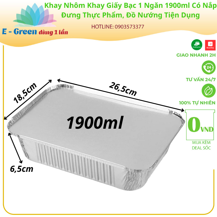 [Freeship+giảm giá 5K]Combo 10-50 Khay Nhôm, Khay Giấy Bạc 1 Ngăn 1900ml Có Nắp, Đựng Thực Phẩm, Đồ Nướng, Tiện Lợi-Egreendùng1lần