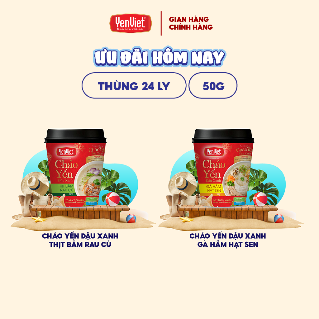 Thùng 24 ly cháo yến đậu xanh Yến Việt thanh mát, vị thịt bằm rau củ/ gà hầm hạt sen, bổ dưỡng 1 ly x 50g