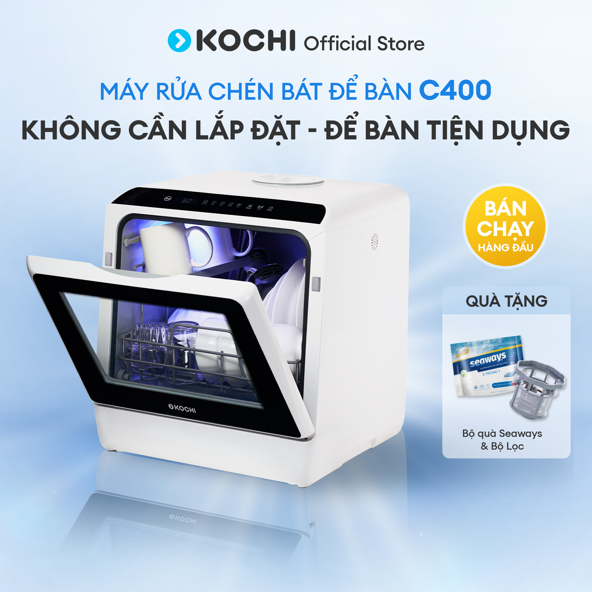 Máy Rửa Chén Để Bàn KOCHI C400 - Không Cần Lắp Đặt - Đổ Nước Trực Tiếp 5L - Dung Tích 4 Bộ - 5 Chương Trình Rửa - Sấy Nóng & Khử Trùng - Lưu Trữ 73H - Tiết Kiệm Điện & Nước - Thiết Kế Nhỏ Gọn, Tiện Lợi