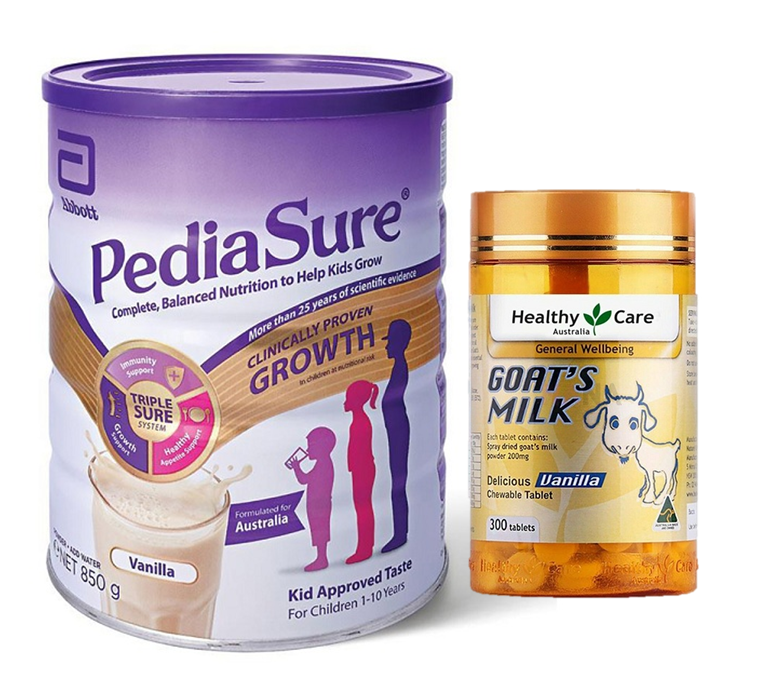 Combo Sữa Abbot PediaSure Cho Trẻ 1-10 Tuổi 850g & Sữa dê cô đặc Healthy Care Goat Milk 300 viên vị Chocolate Chính Hãng Của Úc