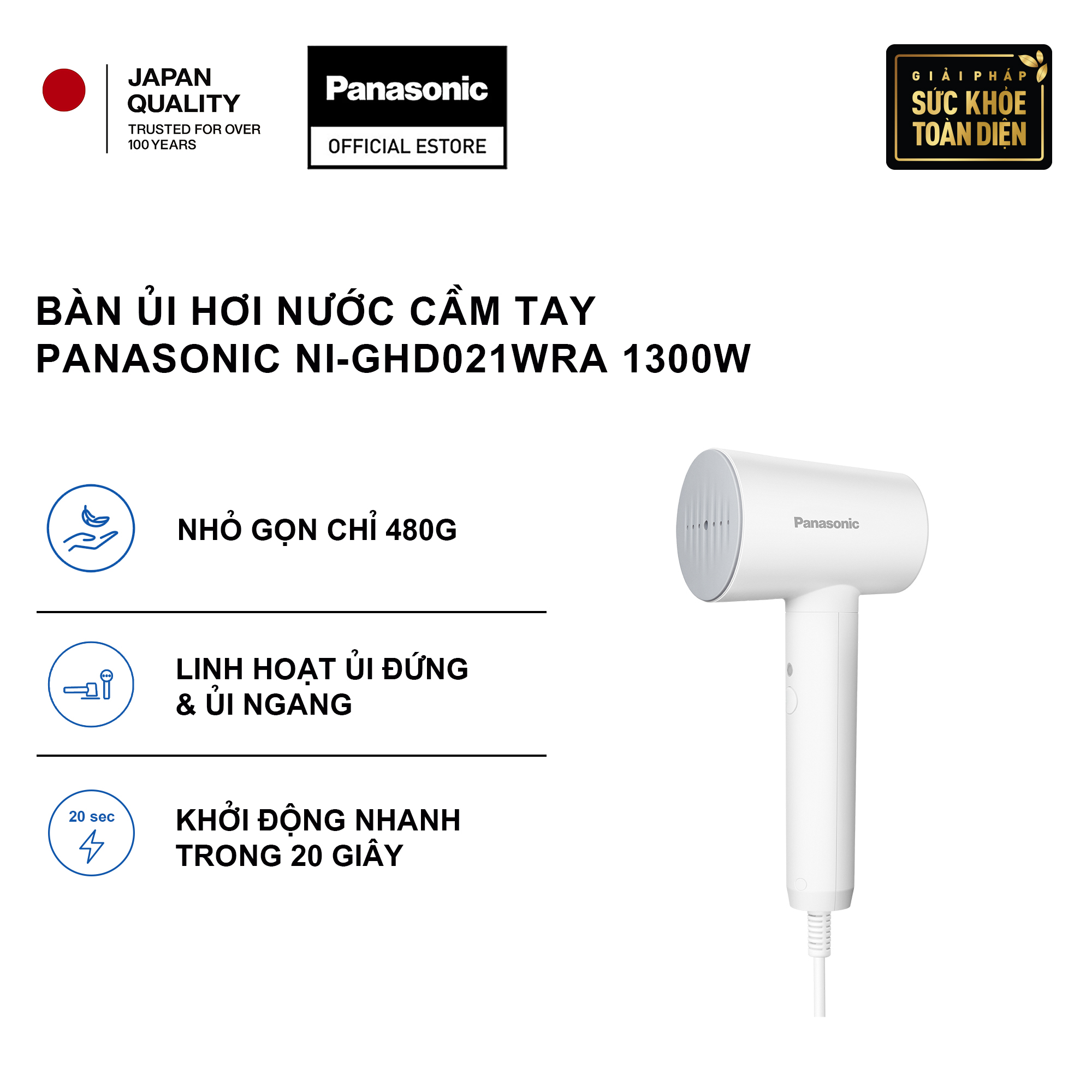 Bàn ủi hơi nước cầm tay Panasonic NI-GHD021WRA 1300W - Hàng chính hãng