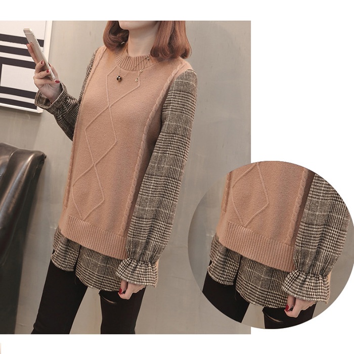 Áo len nữ form rộng cổ tròn giả 2 áo, thời trang trẻ, phong cách Hàn Quốc