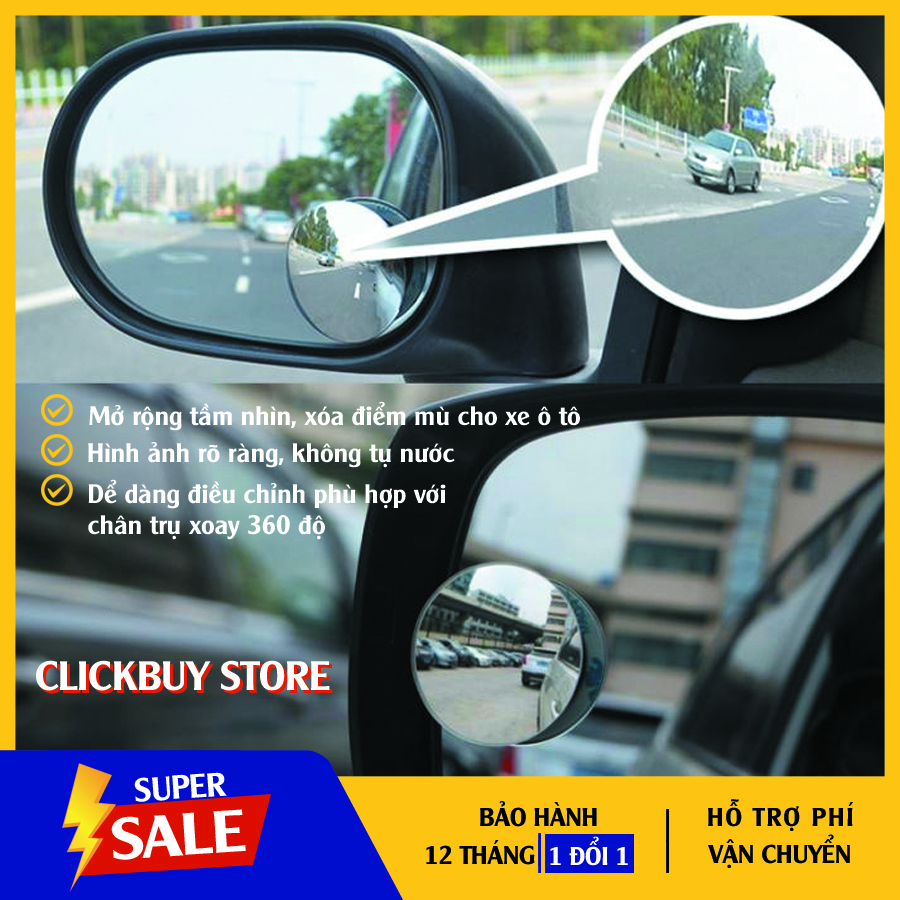 Cặp gương xe hơi, gương cầu lồi gắn kính hậu ô tô xoay 360 xóa điểm mù