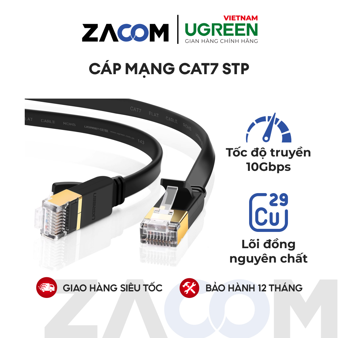 Cáp mạng 2 đầu đúc cat7 utp patch cords dạng dẹt dài 1m ugreen nw106 11260
