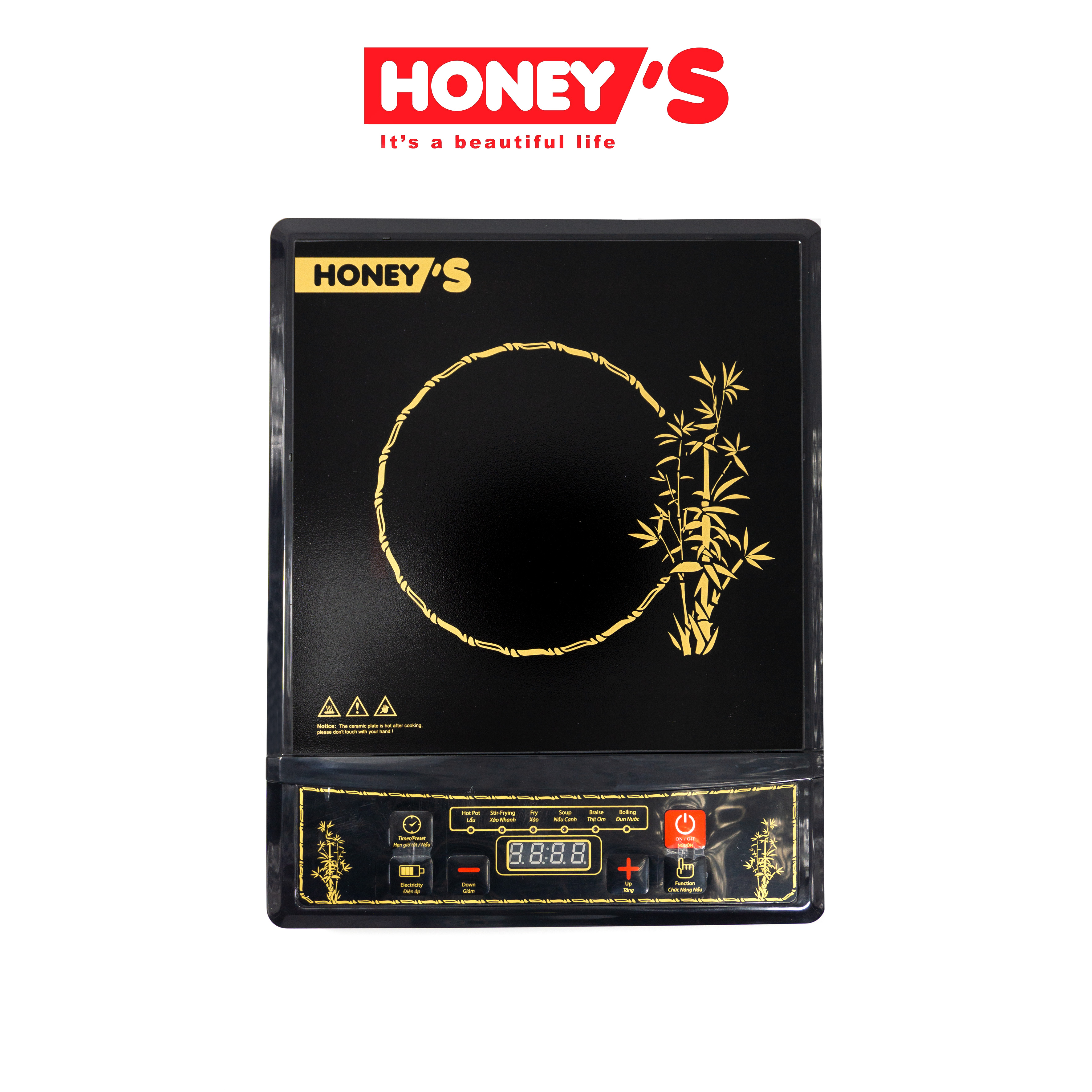Bếp điện từ  Honey's-B61- Bếp lẩu, tiết kiệm điện năng, nhiều chế độ lựa chọn song ngữ anh - việt dễ sử dụng, phù hợp nấu nhiều loại món ăn,  an toàn, tặng kèm nồi lẩu đ
