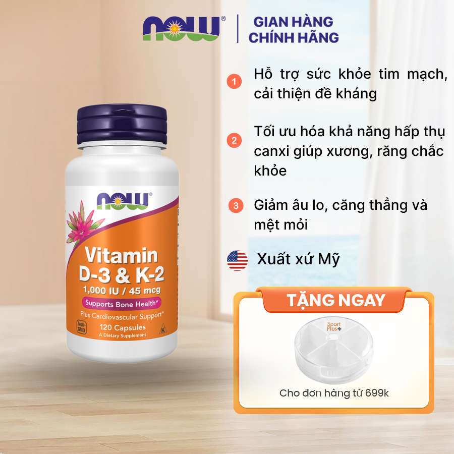 Viên uống Vitamin D3 K2 Now 1000IU / 45mcg (Mỹ) giúp xương, răng chắc khỏe, tăng cường miễn dịch
