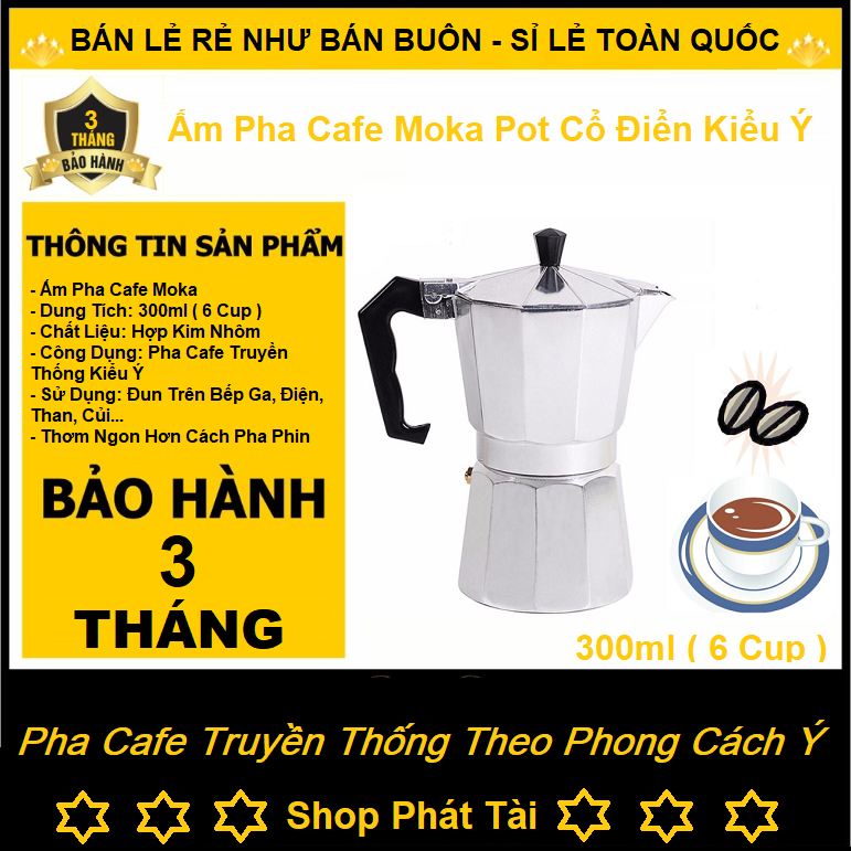 Bình pha cà phê Moka Pot 6 tách 300ml bằng Nhôm cao cấp, máy pha cà phê (cafe), ấm pha cà phê chuyên dụng tiện lợi hơn Phin pha cà phê kiêm bình pha trà phù hợp với gia đình, văn phòng