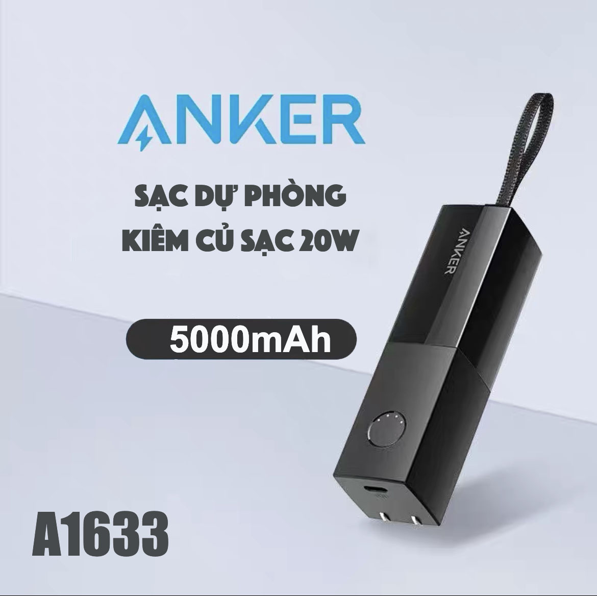 Sạc dự phòng kiêm củ sạc 2 in 1 Anker A1633 PD 20W 5000mAh,1 Cổng Type C Sạc Nhanh 20W,Cho iPhone 15 Pro Max 14 Pro 13 Plus 12 Pro 11 Xs 8P 8 iPad vv
