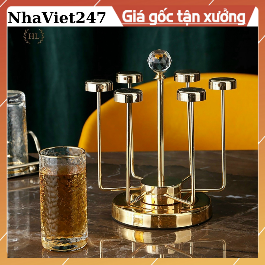 Kệ Úp Cốc tròn xoay mạ vàng pha lê cao cấp-khay cắm cốc bằng inox vàng kim,bạch kim đẹp,san chảnh-quà tặng ý nghĩa [nhaViet247]