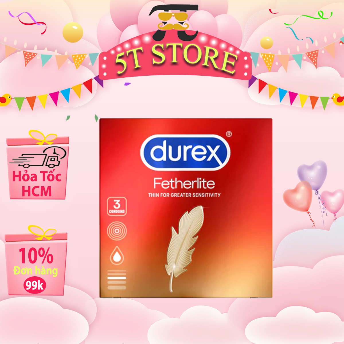 Bao cao su siêu mỏng durex fetherlite - cảm giác chân thật - hộp 3 cái - 5t store