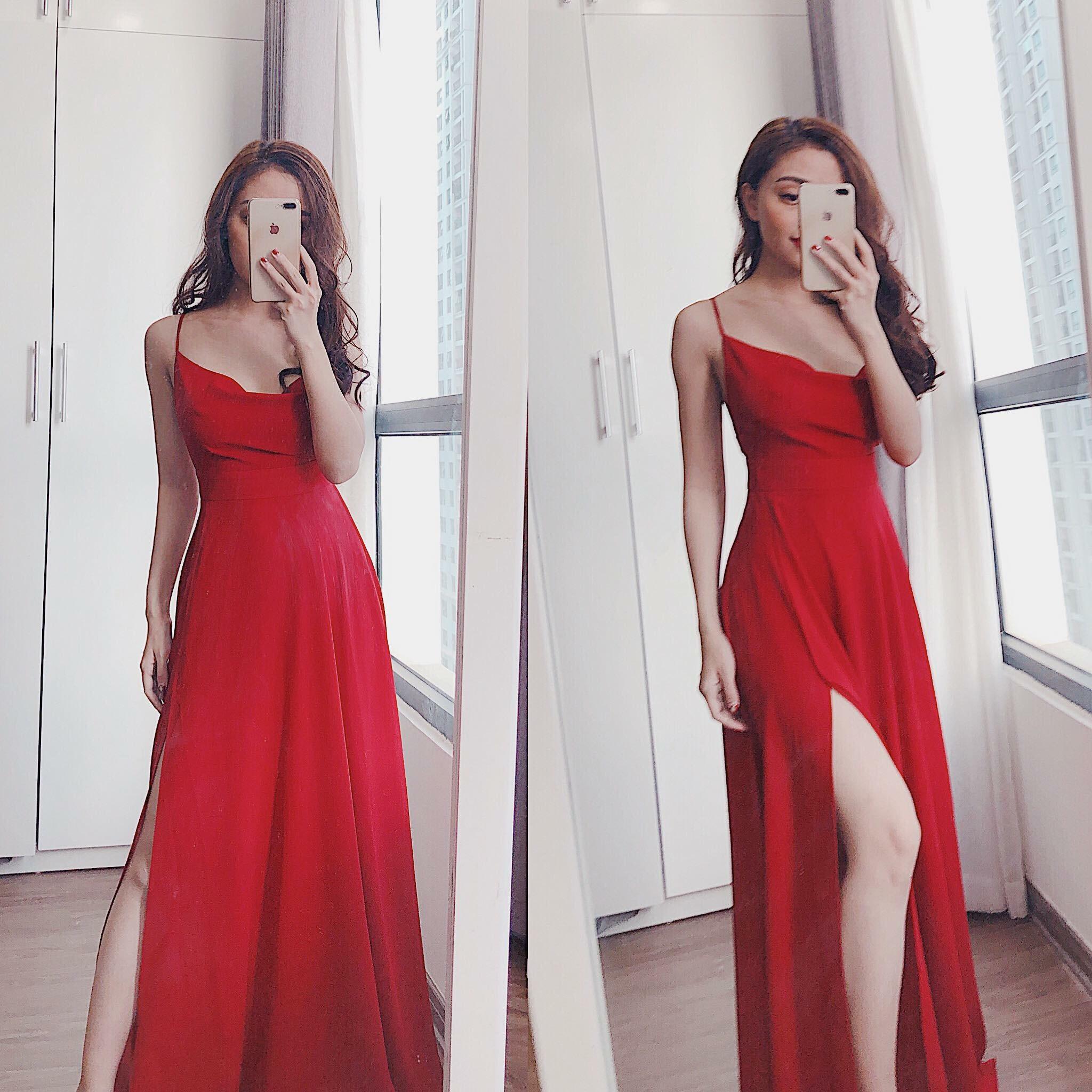 Đầm maxi đỏ cổ đõ xẻ tà sang trong đi biển đi tiệc cực yêu