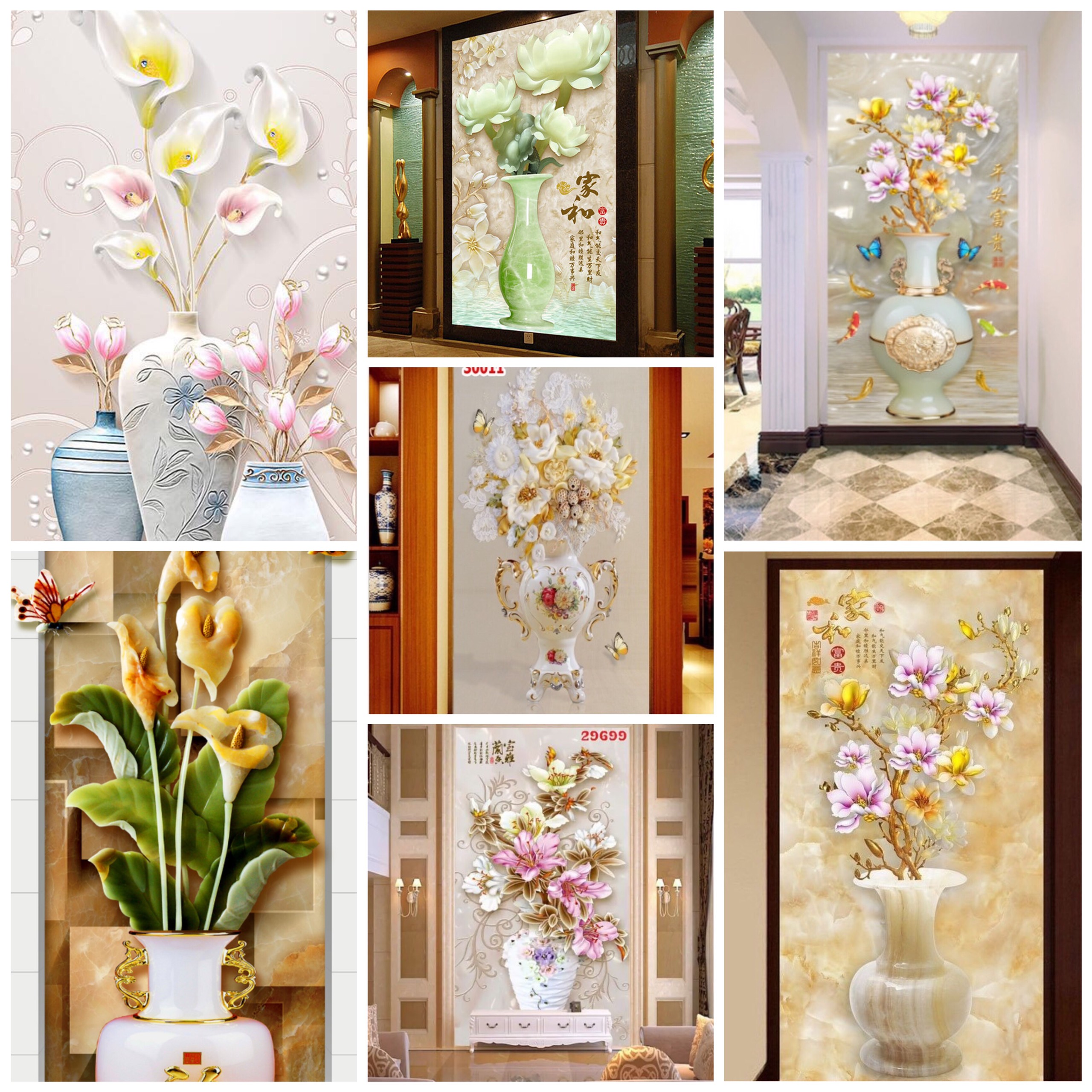 Tranh dán tường 3D Bình hoa kim sa có keo sẵn dễ dán tiện lợi SN40