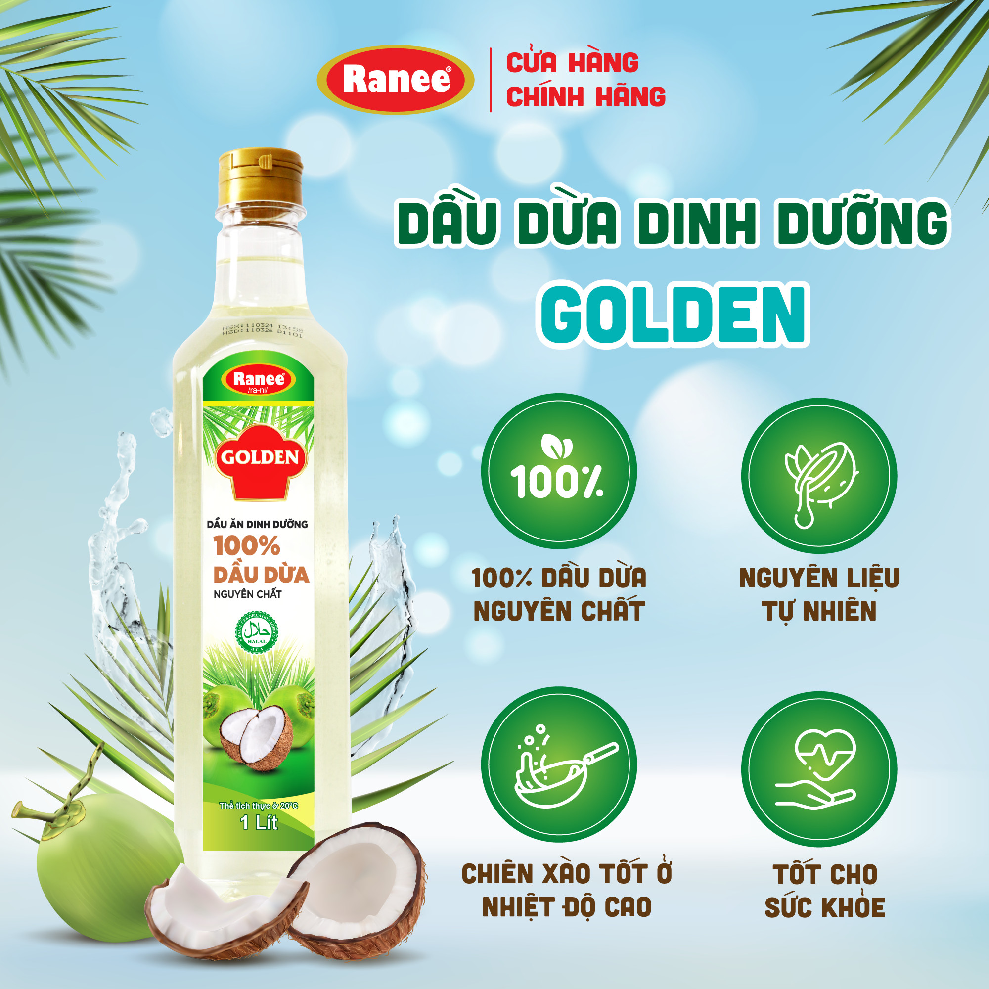 Dầu Dừa Dinh dưỡng Golden 1 lít - 100% nguyên chất
