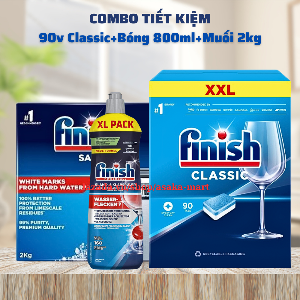 Combo Viên rửa bát Finish Hộp Classic 90 viên + Muối 2kg + Bóng 800ml dùng cho máy rửa bát