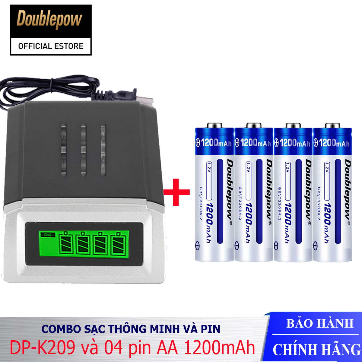 [K209 Đen+4AA1200] Combo sạc pin thông minh màn hình LCD DP-K209(Đ) và 04 viên pin AA1200mAh - Doublepow